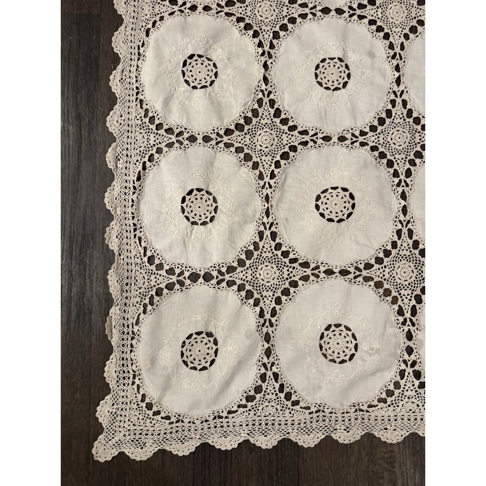 Crochet & linen Vintage Tablecloth Table square Beautiful Handmade 42" - Picture 6 of 9